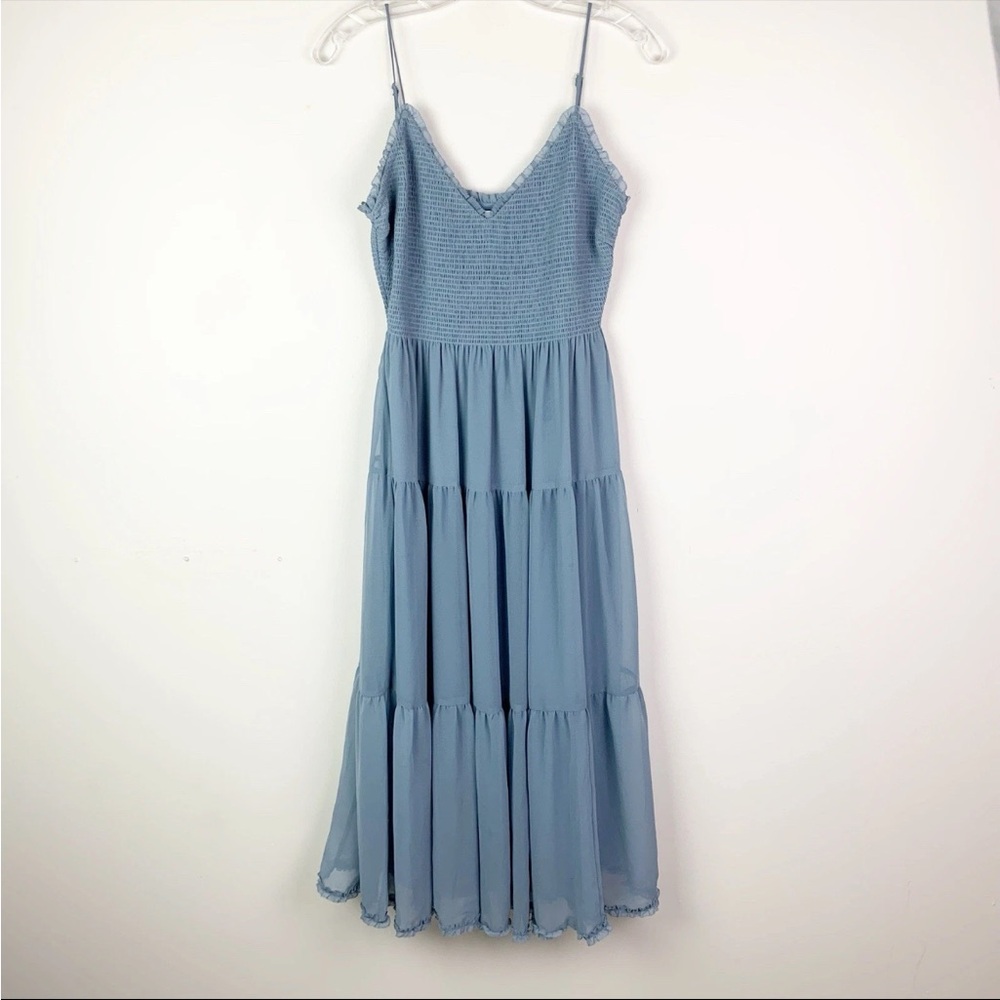 Aritzia Wilfred Tuberose Smocked Chiffon Midi Dress in Dusty Blue Size M